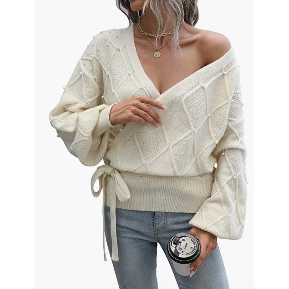 Off White Pearl Embellished Cable Knit Tie Front Wrap VNeck Long Sleeve Sweater - Picture 6 of 7